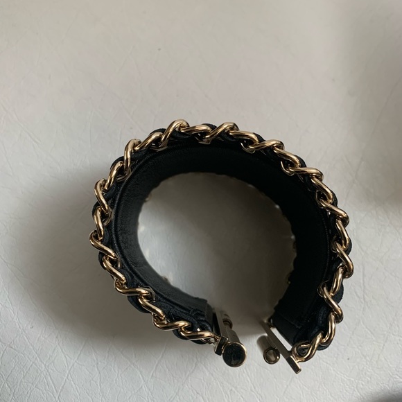CHANEL Black Lambskin Leather Cuff Bracelet Gold Chain Trim - Picture 2 of 9